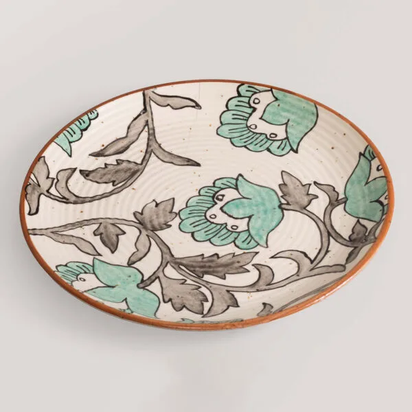 Priya Ivory / Aqua Handprinted Kalamkari Ceramic Dinner Plate (Set of 4)