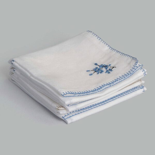 Revan Ecru / Blue Hand Embroidered Cotton Linen Napkin (Assorted set of 4)