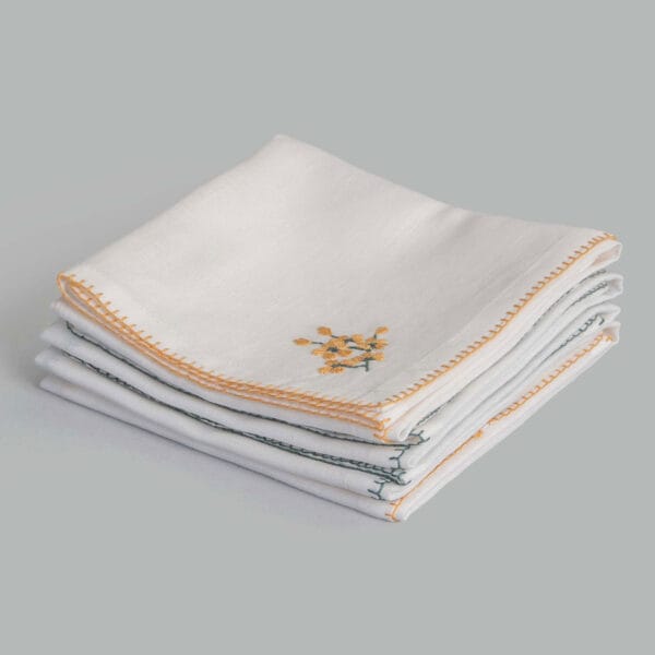 Revan Ecru / Ochre Hand Embroidered Cotton Linen Napkin (Assorted set of 4)