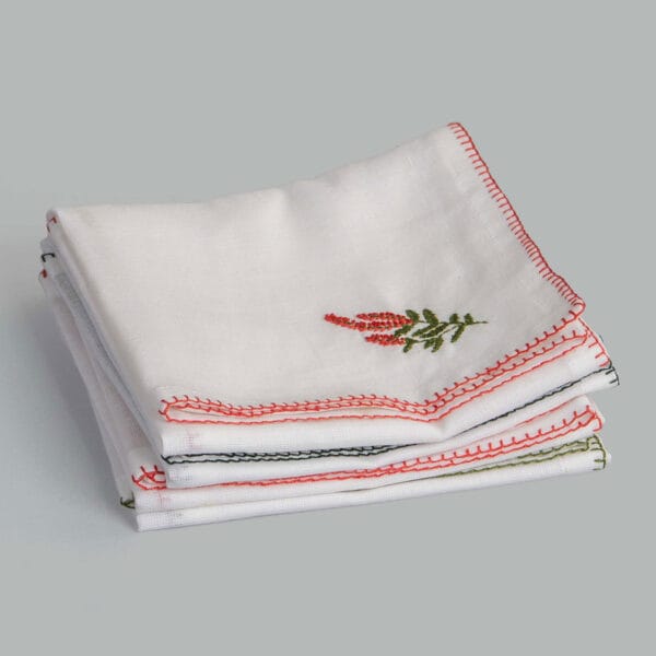 Seya Ecru / Red Hand Embroidered Cotton Linen Napkin (Assorted set of 4)