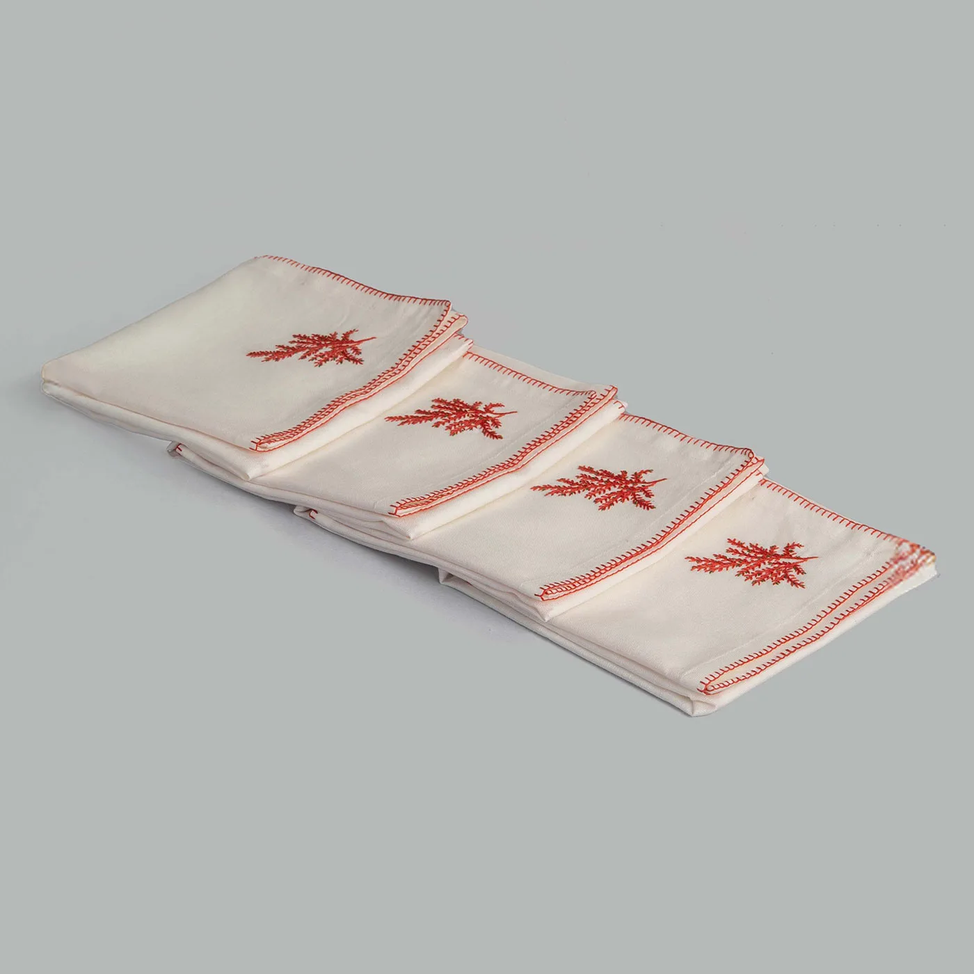Fern Ecru / Red Hand Embroidered Cotton Linen Napkin (Set of 4) - Image 2