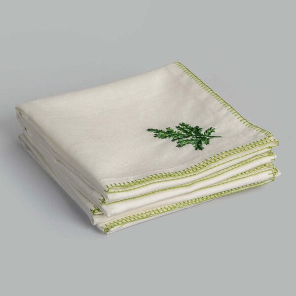 Fern Ecru / Green Hand Embroidered Cotton Linen Napkin (Set Of 4)
