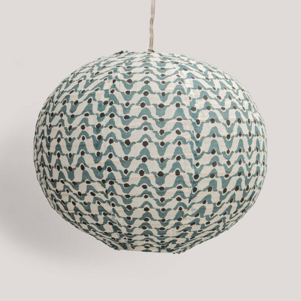 Ponnu Ivory / Blue Printed Cotton Voile Pendant Lamp (Cane Frame)