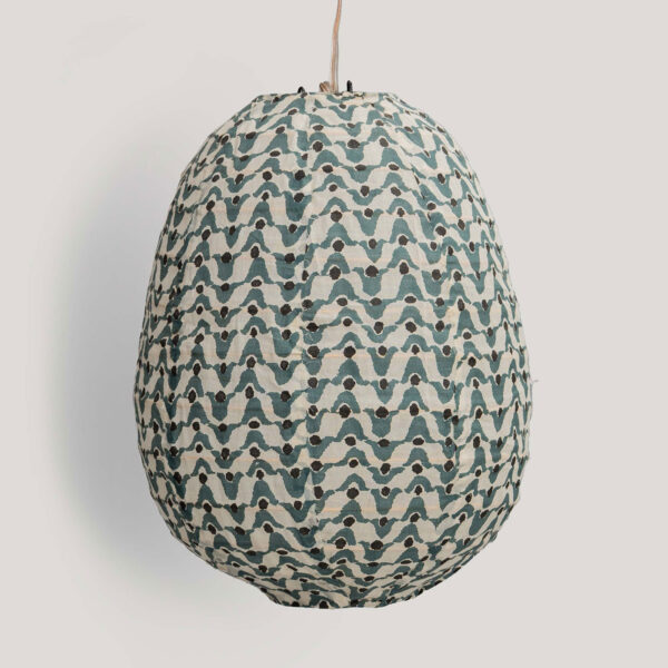 Mihir Ivory / Blue Printed Cotton Voile Pendant Lamp (Cane Frame)