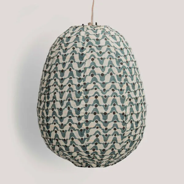 Mihir Ivory / Blue Printed Cotton Voile Pendant Lamp (Cane Frame)