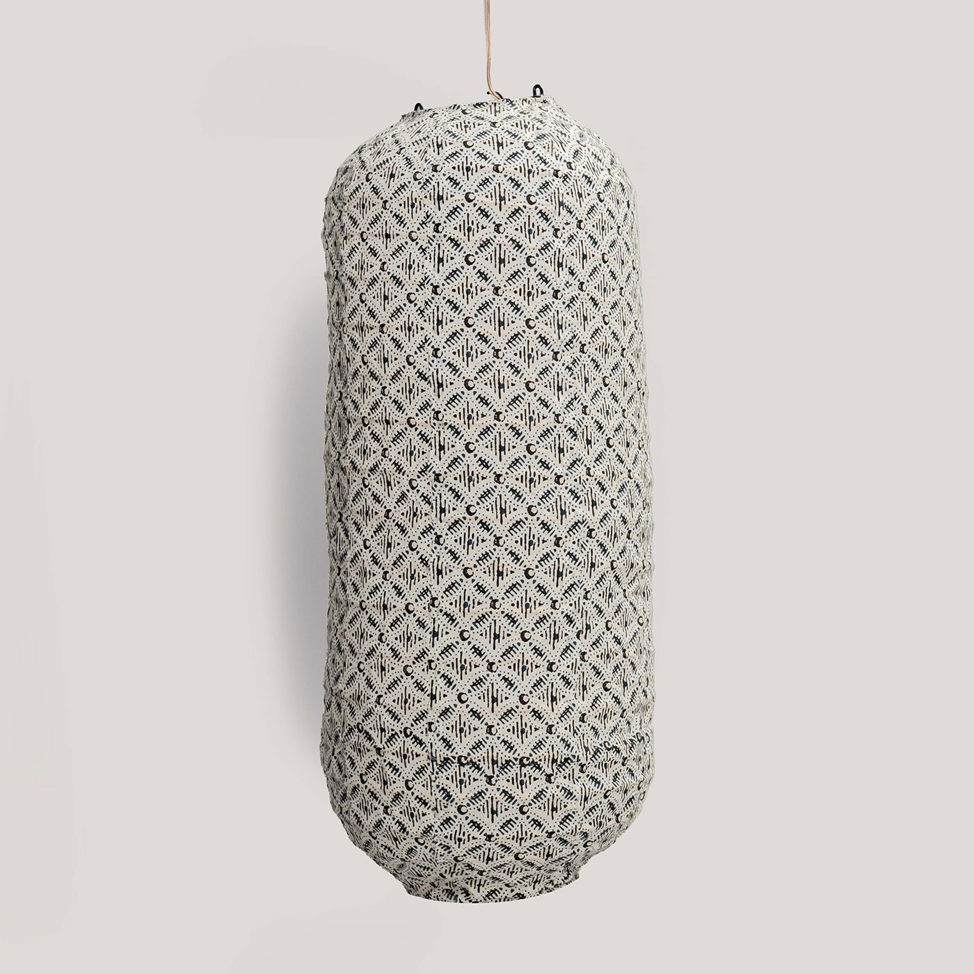 Avneeta Ivory / Black Printed Cotton Voile Pendant Lamp (Cane Frame)