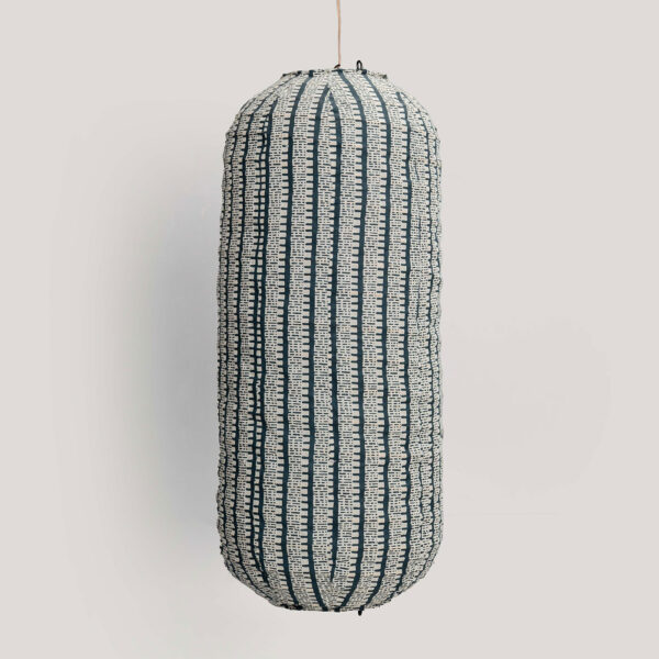 Vina Ivory / Black Printed Cotton Voile Pendant Lamp (Cane Frame)