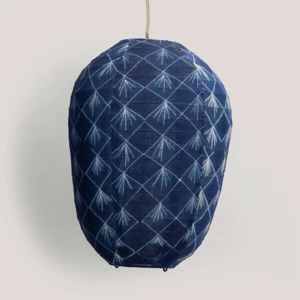 Amita Indigo Shibori Cotton Voile Pendant Lamp (Cane Frame)
