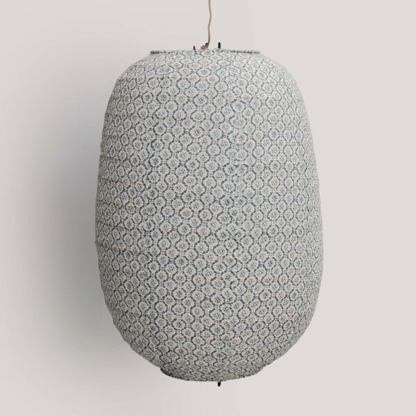Mora Ivory / Blue Printed Cotton Voile Pendant Lamp (Cane Frame)