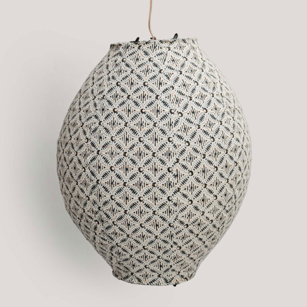 Dewu Ivory / Blue Printed Cotton Voile Pendant Lamp (Cane Frame)