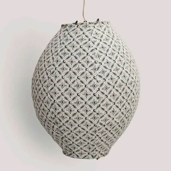 Dewu Ivory / Blue Printed Cotton Voile Pendant Lamp (Cane Frame)