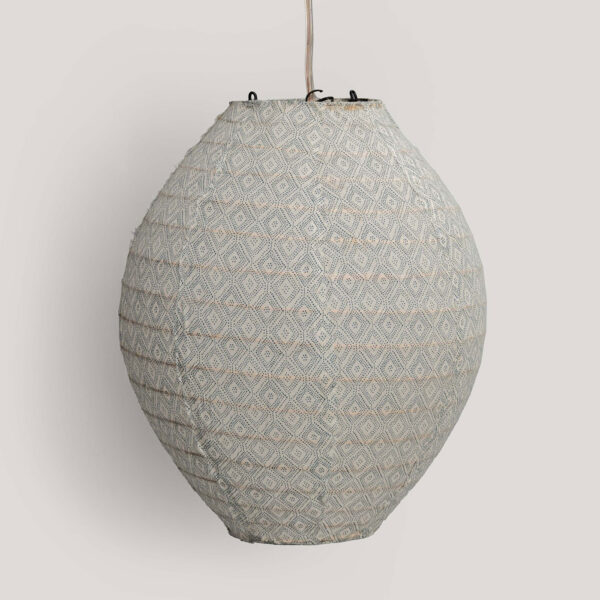 Wasi Ivory / Blue Printed Cotton Voile Pendant Lamp (Cane Frame)