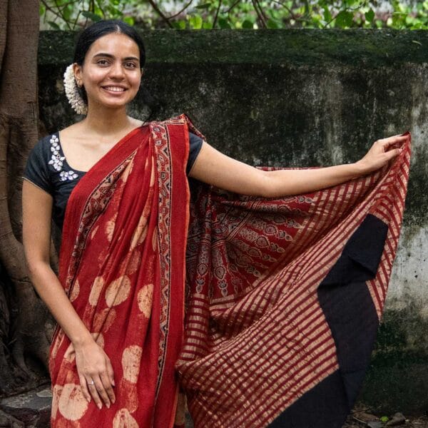Gauri Red Ajrakh Hand Block Printed Saree