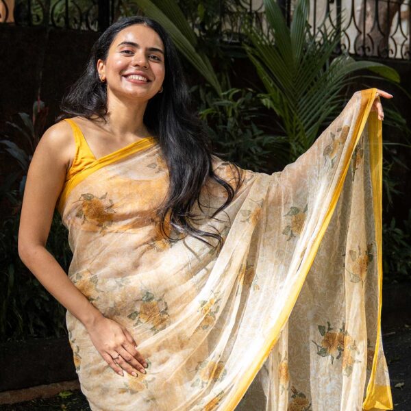 Partha Yellow Hand Block Printed Silk Chiffon Saree