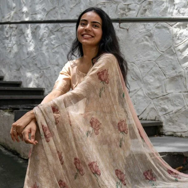 Janvi Pink Printed Silk Chiffon Saree