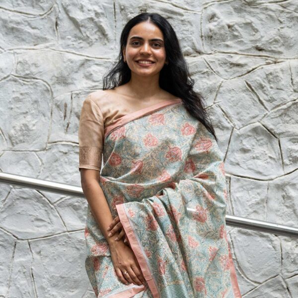 Aadi Aqua Hand Block Printed Cotton Silk Saree