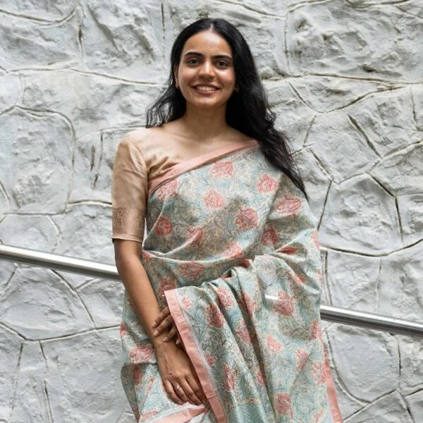 Aadi Aqua Hand Block Printed Cotton Silk Saree