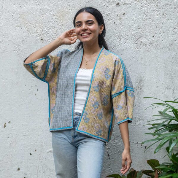 Jamini Cream / Blue Gudri Hand Quilted Cotton Jacket (Reversible)