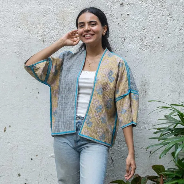 Jamini Cream / Blue Gudri Hand Quilted Cotton Jacket (Reversible)
