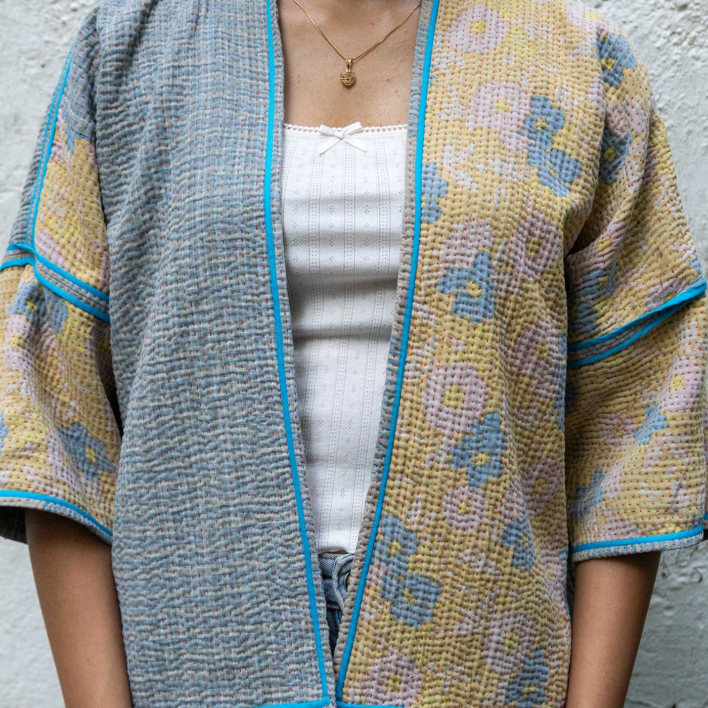 Jamini Cream / Blue Gudri Hand Quilted Cotton Jacket (Reversible) - Image 4