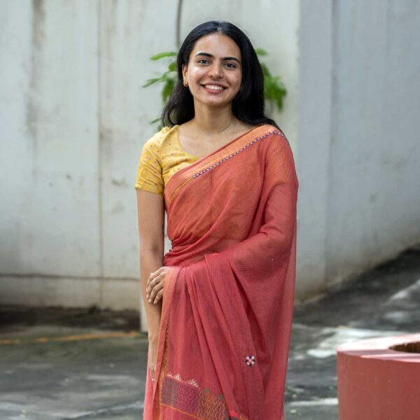 Dharana Coral Red Banjara Hand Embroidered 100% Cotton Saree