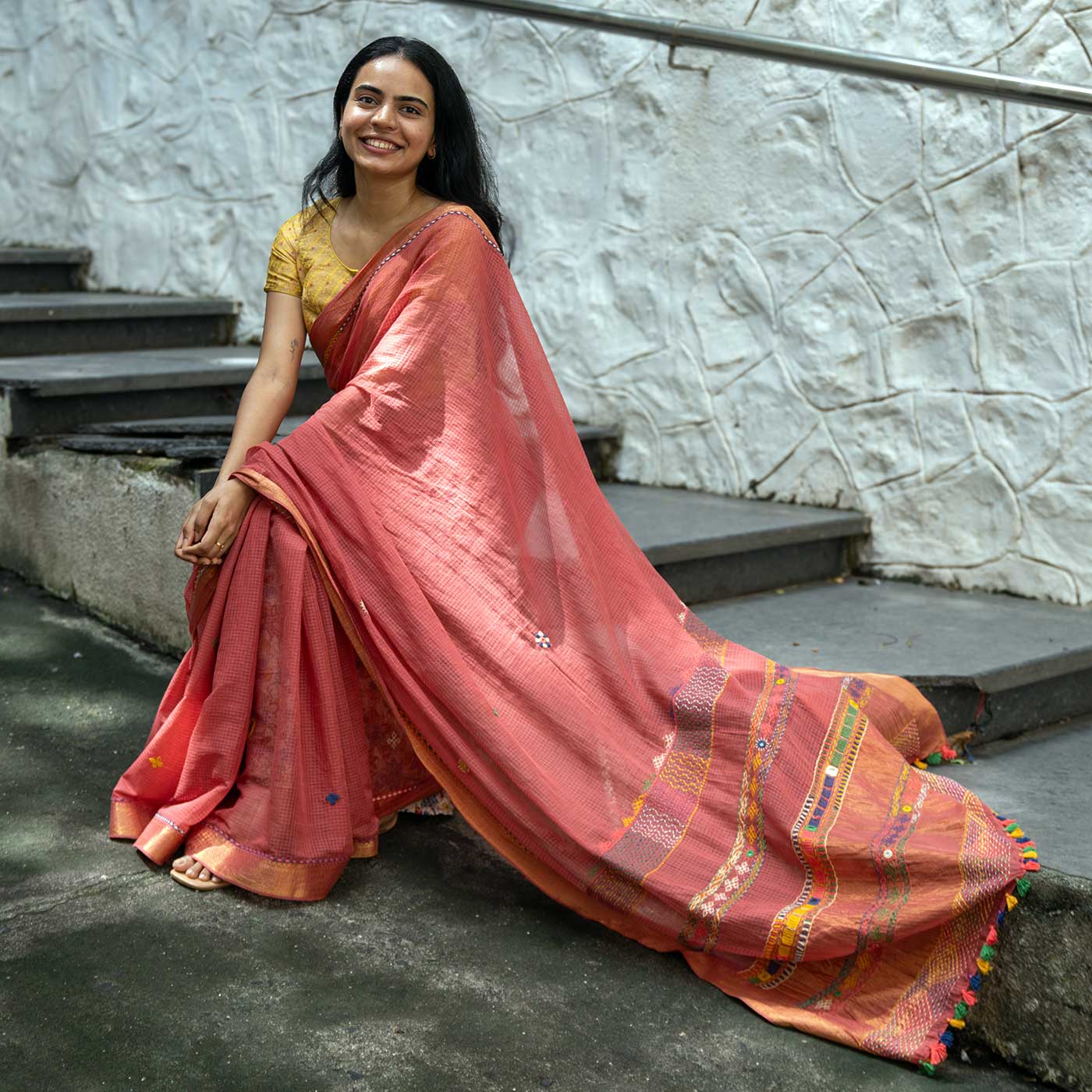 Dharana Coral Red Banjara Hand Embroidered 100% Cotton Saree - Image 5