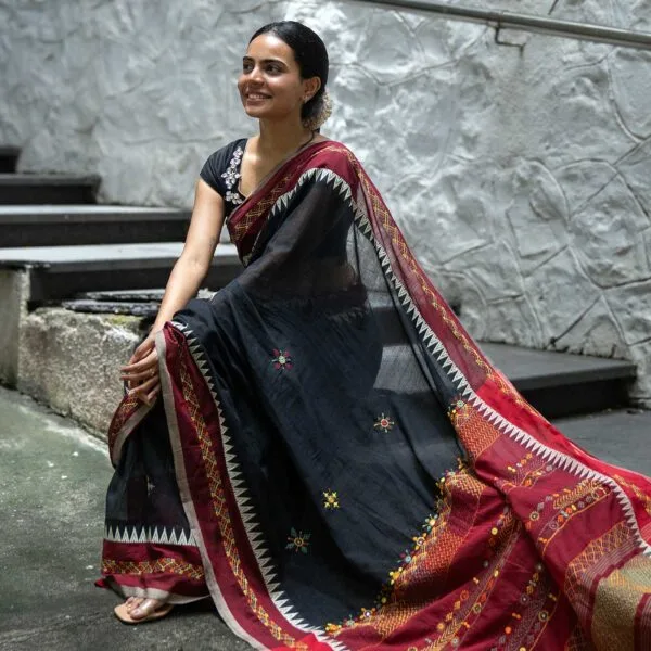 Kalani Black Banjara Hand Embroidered 100% Cotton Saree