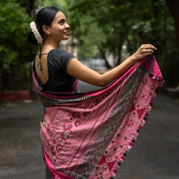 Malavika Charcoal Banjara Hand Embroidered 100% Cotton Saree