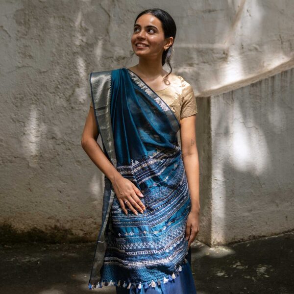 Parool Teal Banjara Hand Embroidered Silk By Cotton Saree