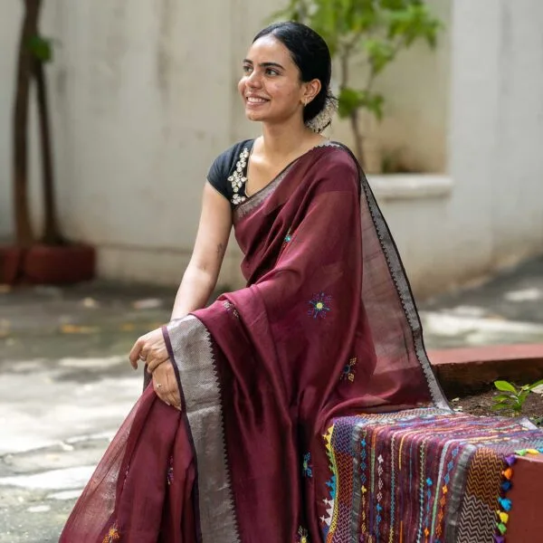 Mantra Maroon Banjara Hand Embroidered Silk Cotton Saree
