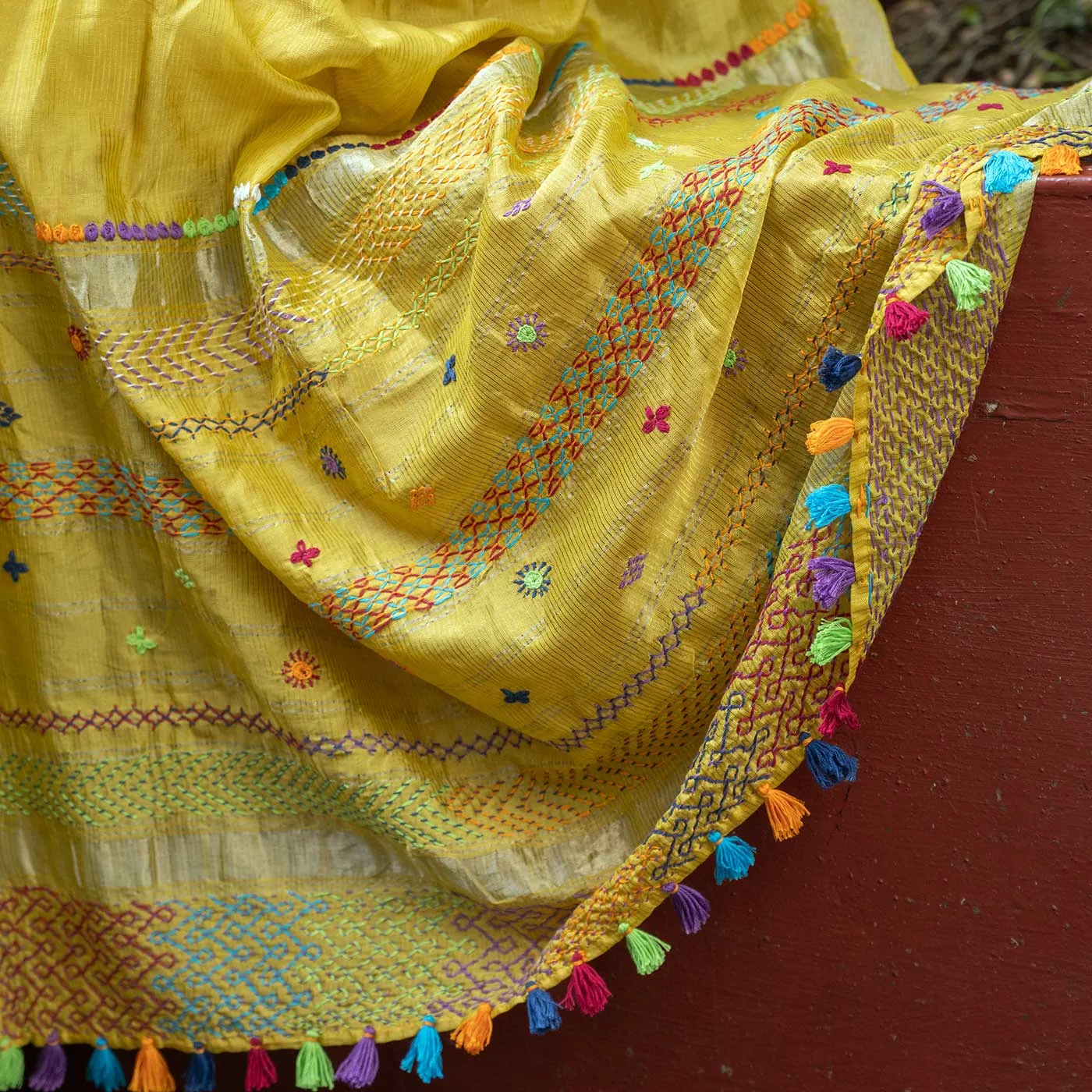 Baani Yellow Banjara Hand Embroidered Silk Cotton Saree - Image 2