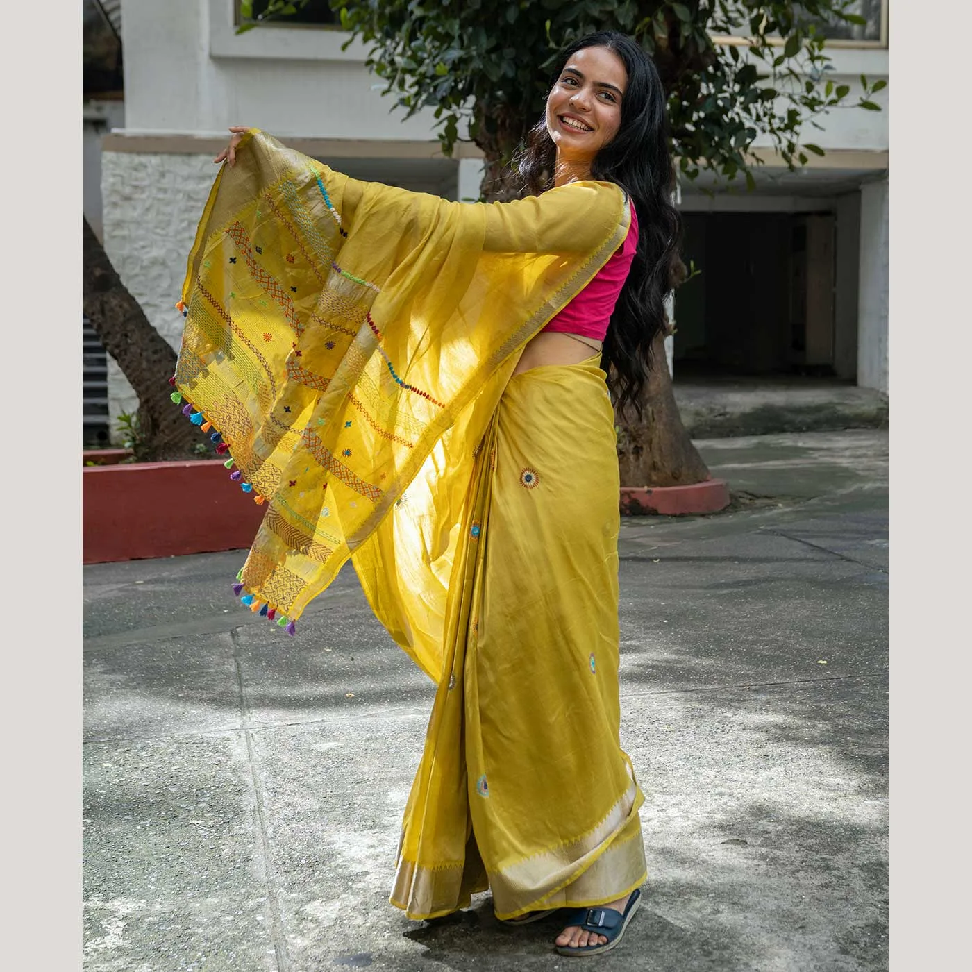 Baani Yellow Banjara Hand Embroidered Silk Cotton Saree - Image 3