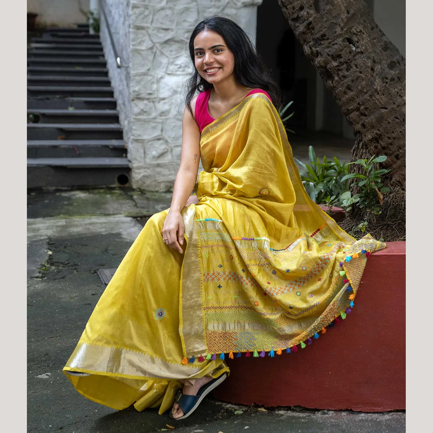 Baani Yellow Banjara Hand Embroidered Silk Cotton Saree - Image 4