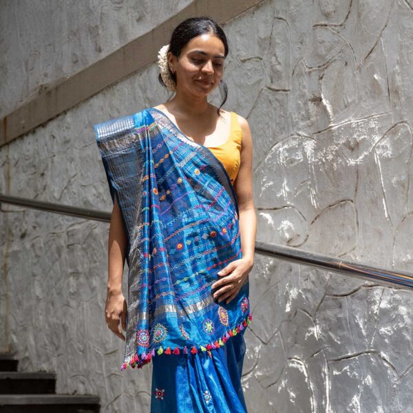 Madhavi Dark Blue Banjara Hand Embroidered Silk By Cotton Saree