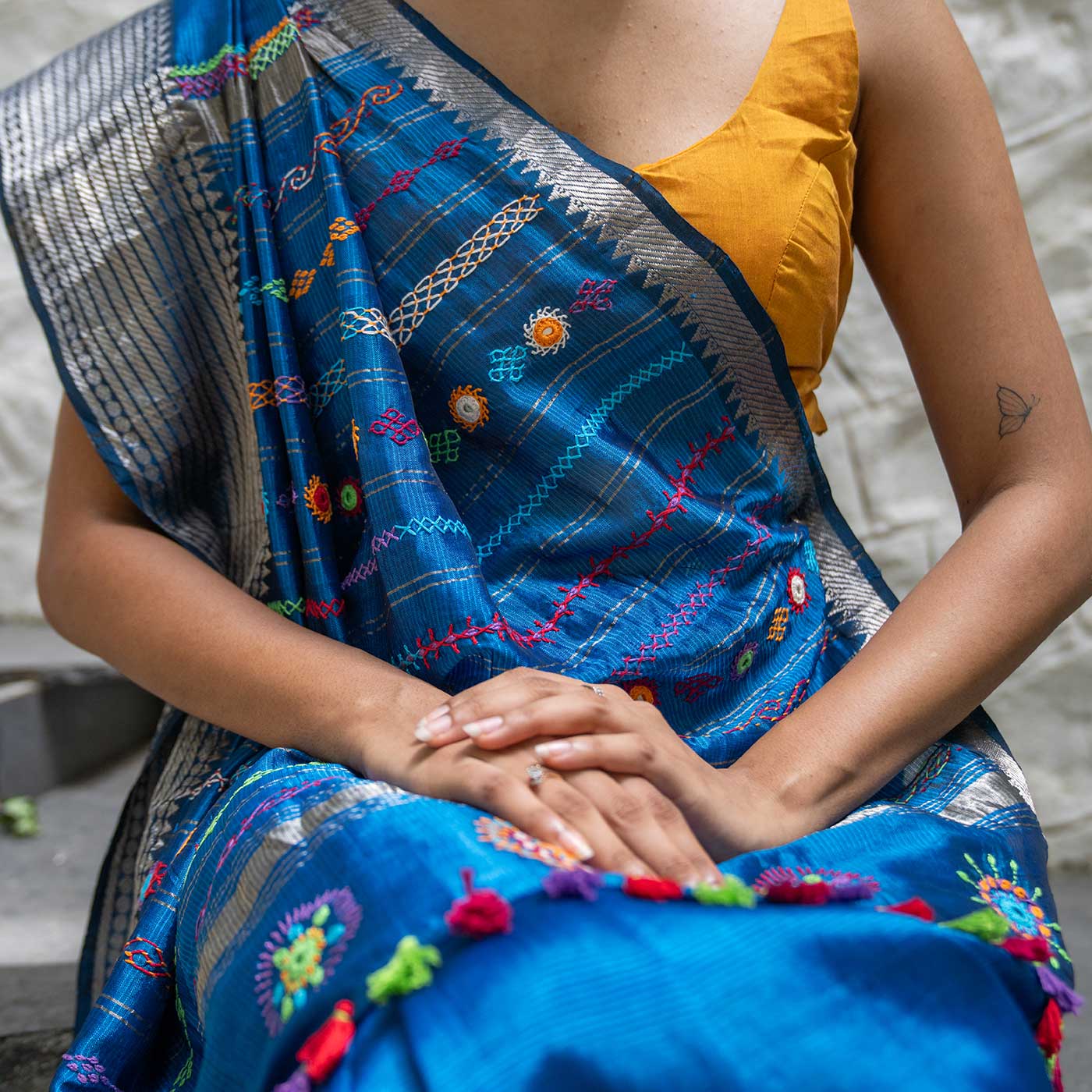 Madhavi Dark Blue Banjara Hand Embroidered Silk By Cotton Saree - Image 2