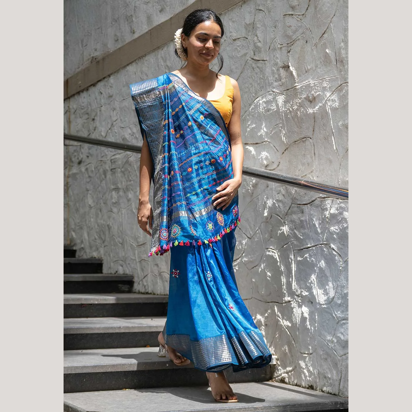 Madhavi Dark Blue Banjara Hand Embroidered Silk By Cotton Saree - Image 3