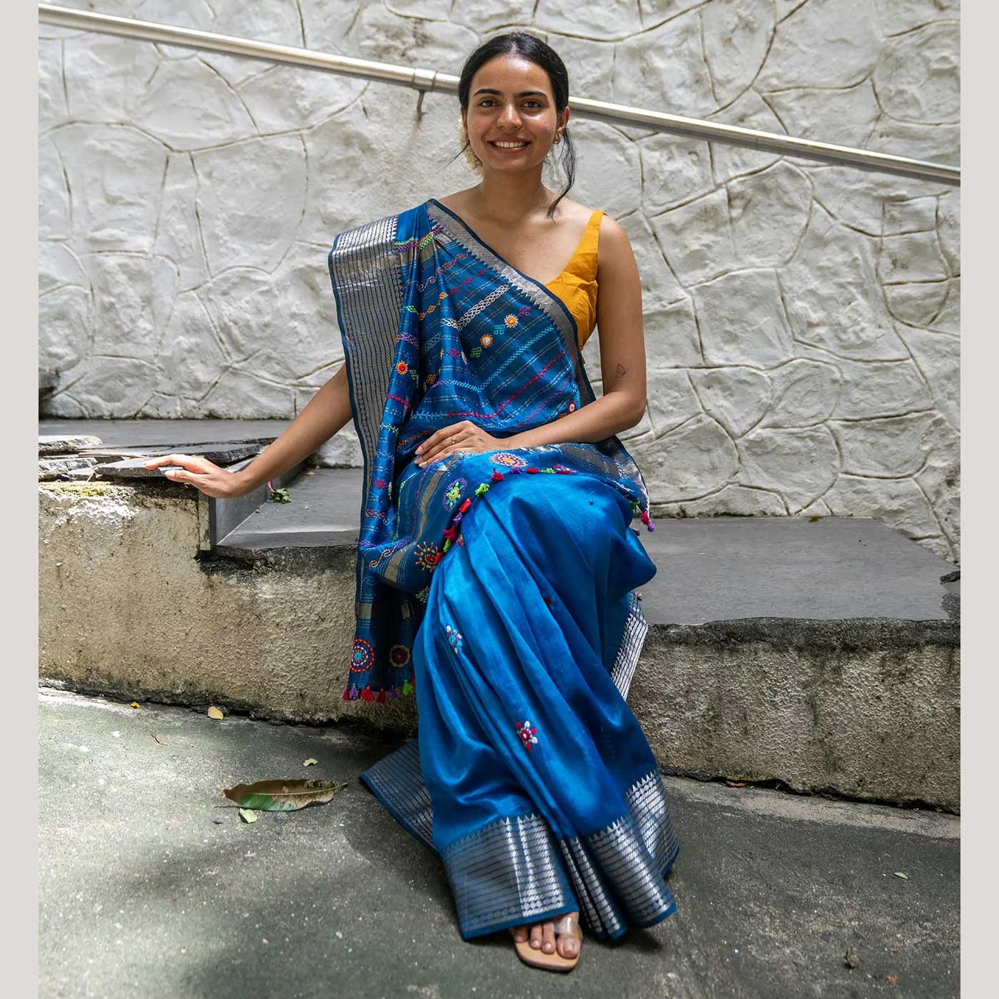 Madhavi Dark Blue Banjara Hand Embroidered Silk By Cotton Saree - Image 4
