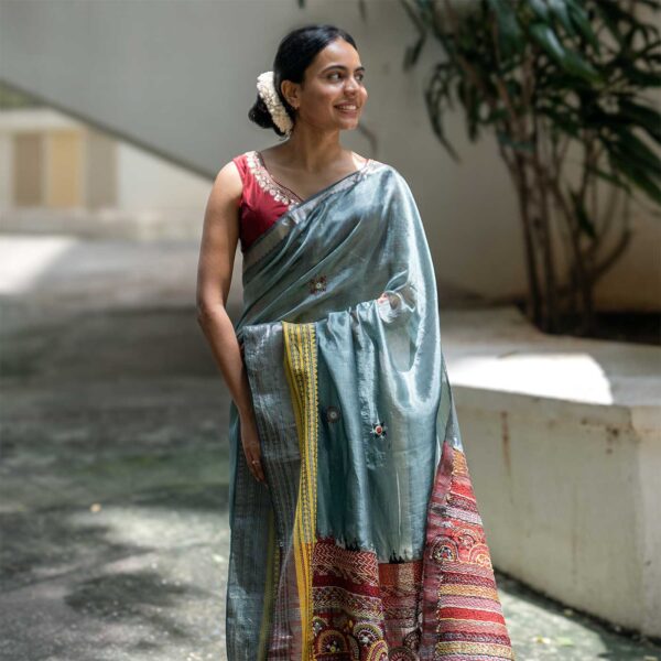 Tarani Steel Grey Banjara Hand Embroidered Silk By Cotton Saree