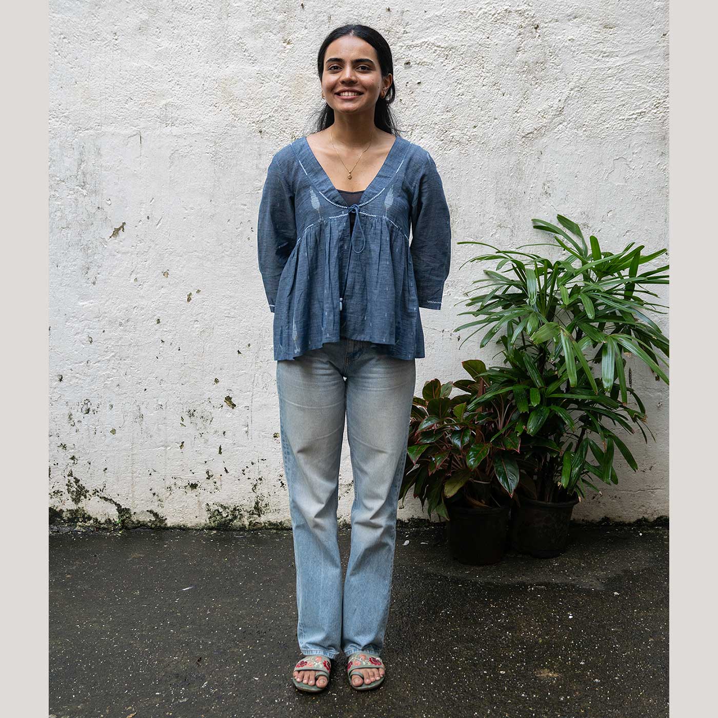 Anvika Gray Jamdani Handwoven Handspun Cotton Top - Image 3