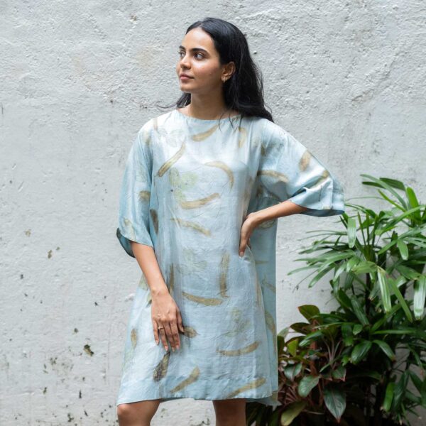 Liva Sky Blue Eco Printed Handloom Silk Dress