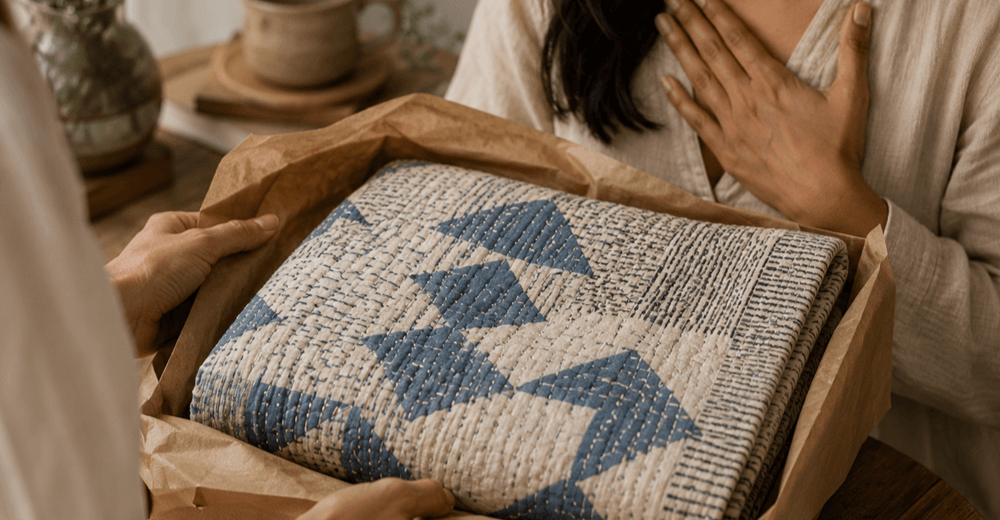 Hand-stitched Kantha piece presented as a housewarming gift.