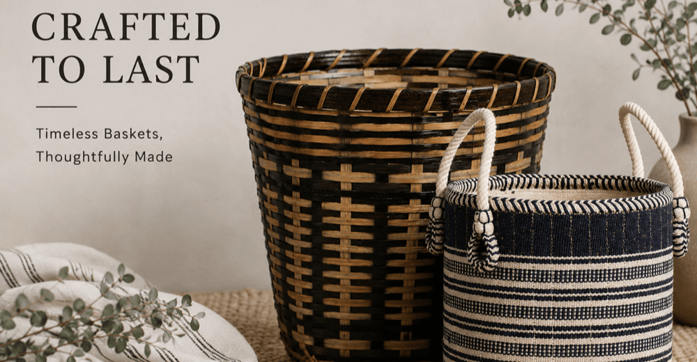 Nimmit handwoven natural fibre basket styled in a warm minimalist living room