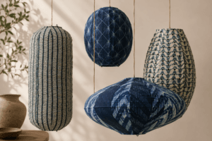 Nimmit cotton voile pendant lamps in ivory, blue and indigo shibori styled together