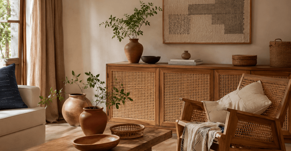 Warm minimalist living room styled with Nimmit handcrafted natural material pieces