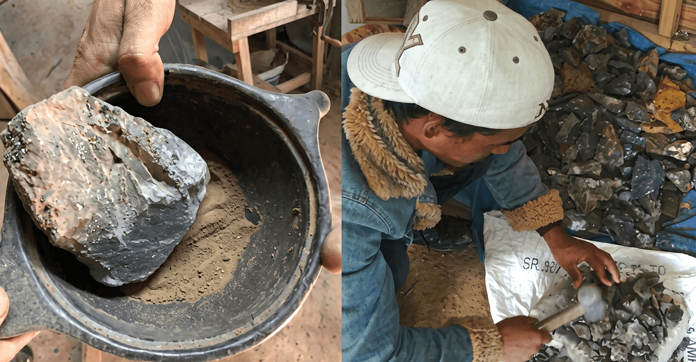 Artisan processing Longpi black stone by hand, Manipur, India