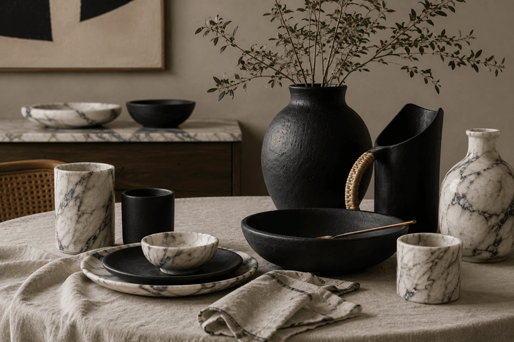 Marble and black stone serveware styled together in a contemporary Indian dining room