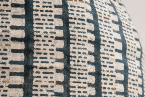 Detail of hand-built cane frame and printed cotton voile fabric on a Nimmit pendant lamp