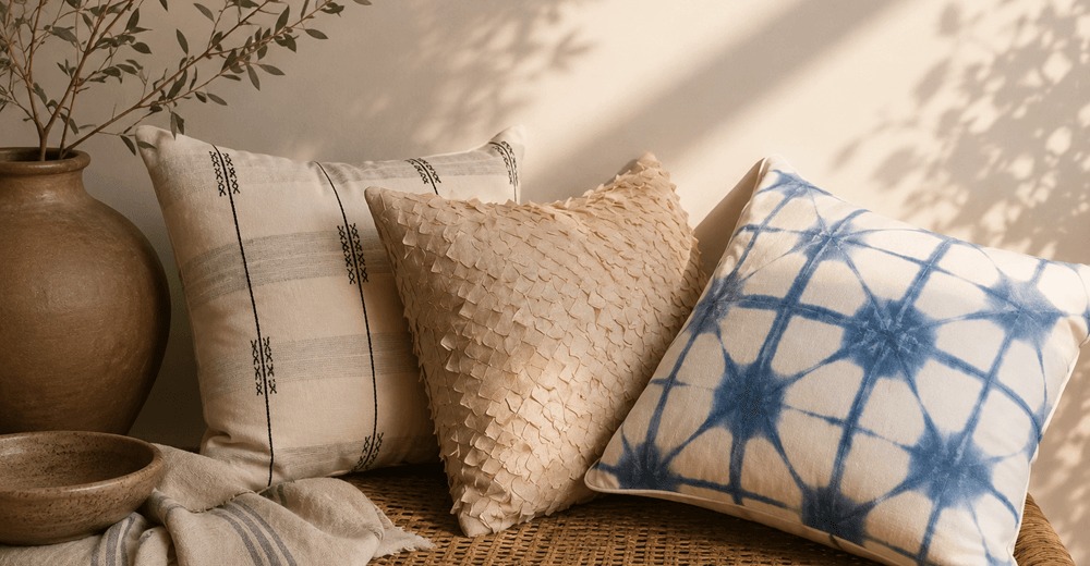 Handwoven cotton cushion covers styled in a modern living room