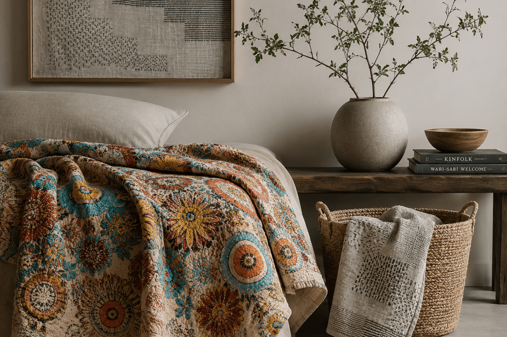 Hand-stitched Kantha quilt and wall textile art styled in a contemporary neutral bedroom