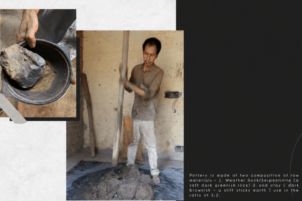 Manipuri artisan mixing raw materials for black stone pottery using traditional Longpi technique